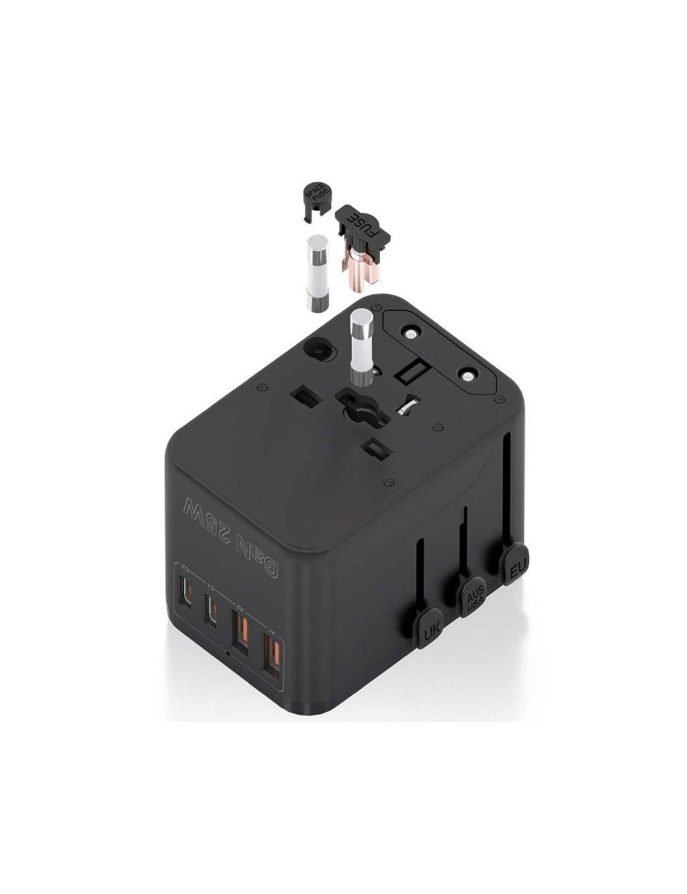 Cargador de Pared Universal GaN para Viaje Aisens ASPS-2A2C08-BK/ Toma de Corriente Universal/ 2xUSB Tipo-C/ 2xUSB/ 25W