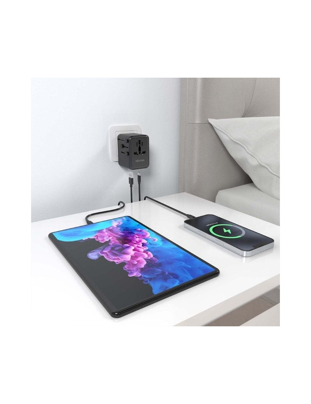 Cargador de Pared Universal GaN para Viaje Aisens ASPS-2A2C08-BK/ Toma de Corriente Universal/ 2xUSB Tipo-C/ 2xUSB/ 25W