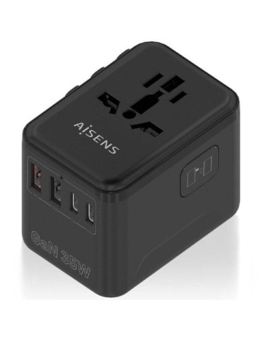 Cargador de Pared Universal GaN para Viaje Aisens ASPS-2A3C09-BK/ Toma de Corriente Universal/ 3xUSB Tipo-C/ 2xUSB/ 35W