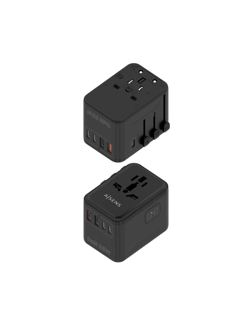 Cargador de Pared Universal GaN para Viaje Aisens ASPS-2A3C09-BK/ Toma de Corriente Universal/ 3xUSB Tipo-C/ 2xUSB/ 35W