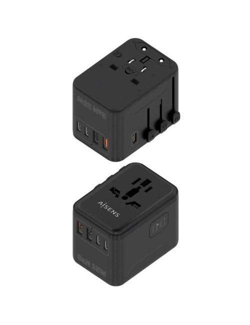 Cargador de Pared Universal GaN para Viaje Aisens ASPS-2A3C09-BK/ Toma de Corriente Universal/ 3xUSB Tipo-C/ 2xUSB/ 35W