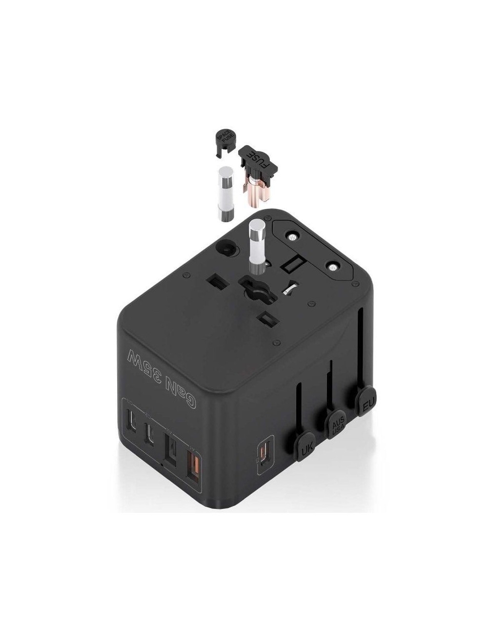 Cargador de Pared Universal GaN para Viaje Aisens ASPS-2A3C09-BK/ Toma de Corriente Universal/ 3xUSB Tipo-C/ 2xUSB/ 35W