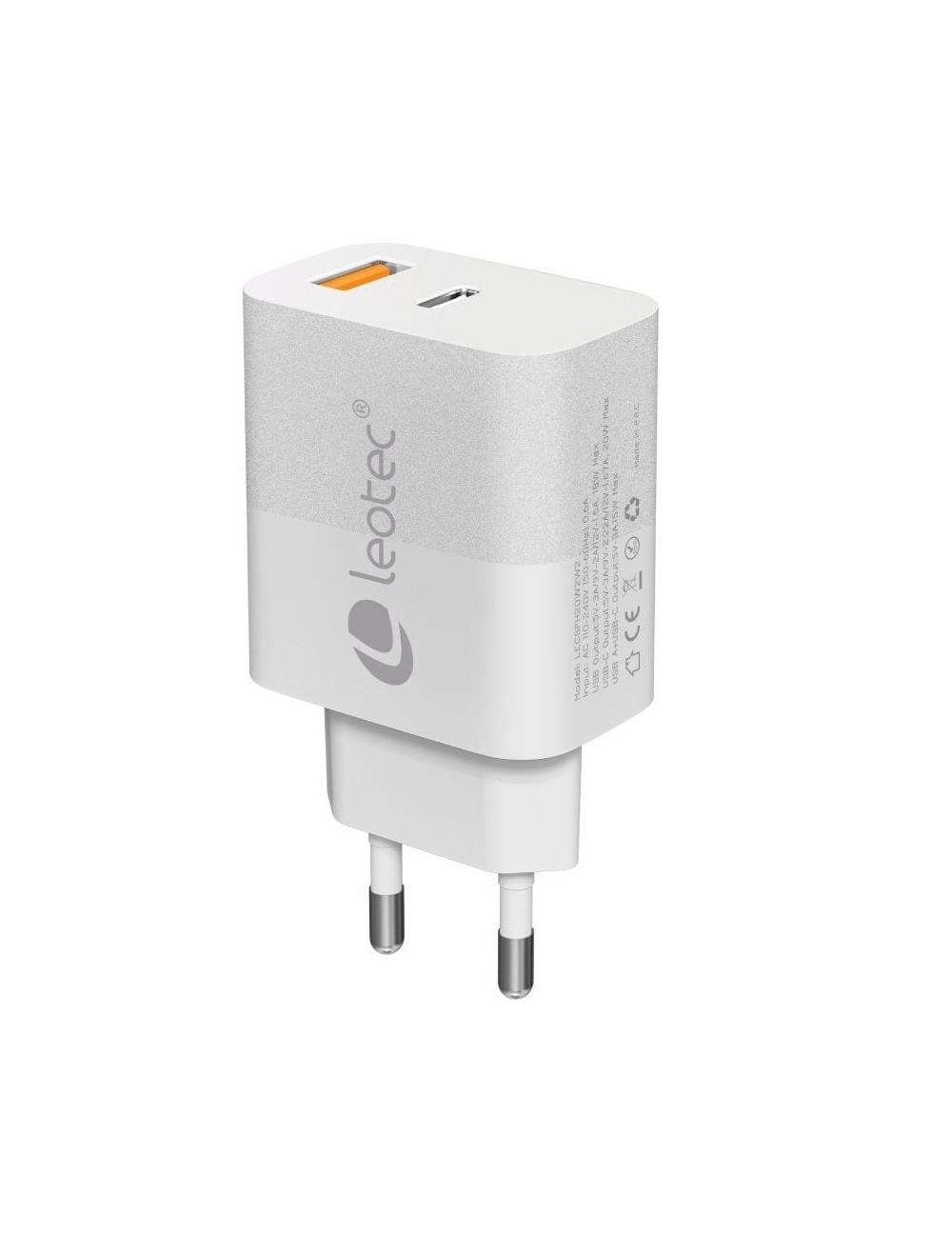 Cargador de Pared Leotec LECSPH20W2W2/ 1xUSB Tipo-C/ 1xUSB/ 20W