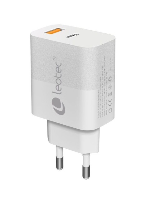 Cargador de Pared Leotec LECSPH20W2W2/ 1xUSB Tipo-C/ 1xUSB/ 20W