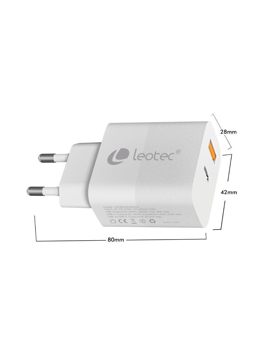 Cargador de Pared Leotec LECSPH20W2W2/ 1xUSB Tipo-C/ 1xUSB/ 20W