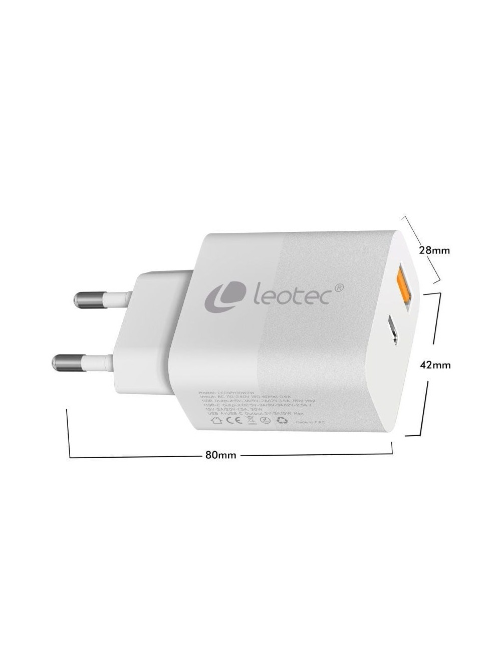 Cargador de Pared GaN Leotec LECSPH30W2W/ 1xUSB Tipo-C/ 1xUSB/ 30W