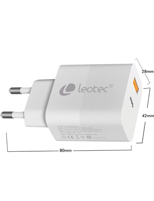 Cargador de Pared GaN Leotec LECSPH30W2W/ 1xUSB Tipo-C/ 1xUSB/ 30W