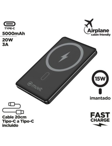 Powerbank 5000mAh Muvit For Change MCCHP0009/ 20W/ Wireless/ Negra/ Incluye Cable USB Tipo-C