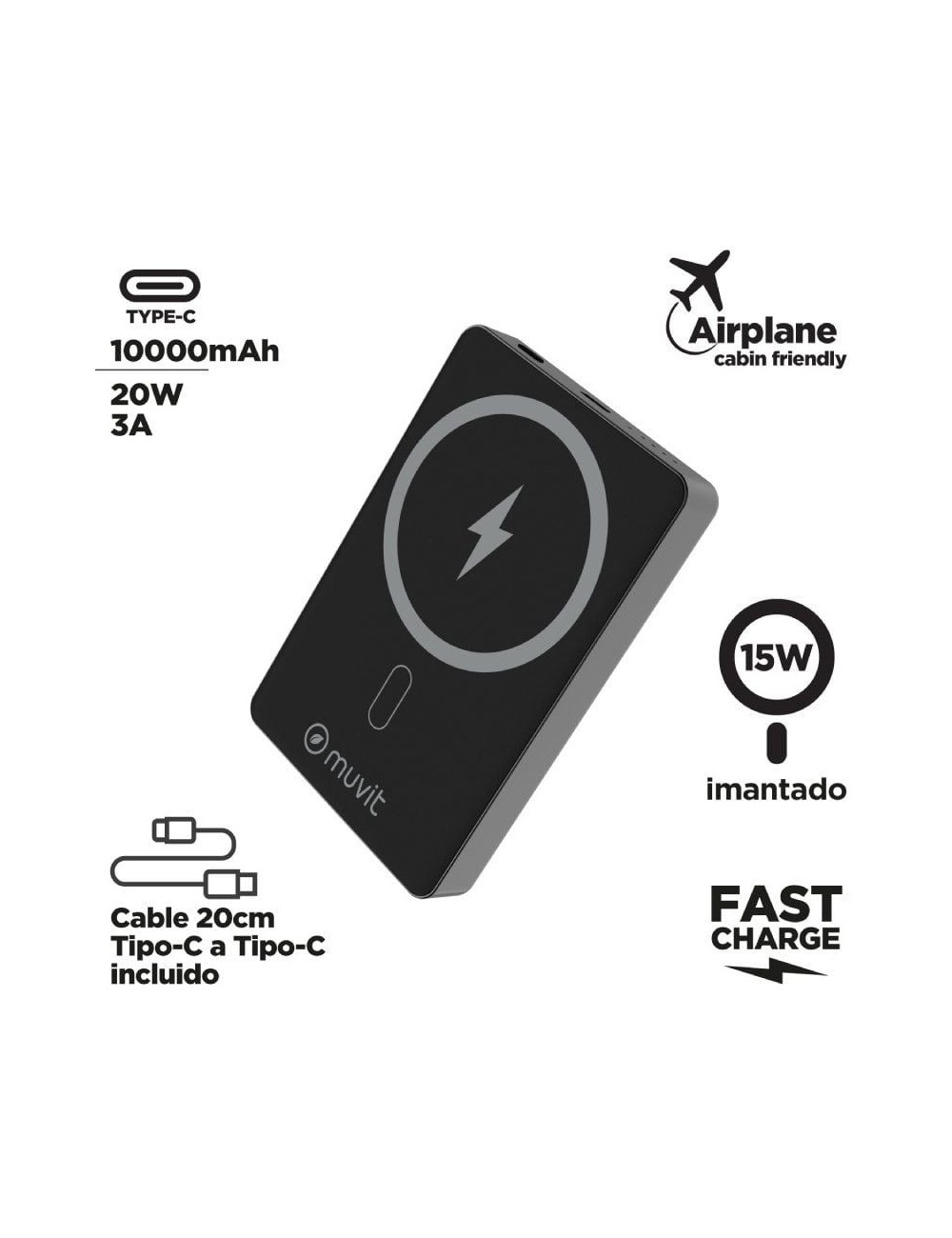 Powerbank 10000mAh Muvit For Change MCCHP0010/ 20W/ Wireless/ Negra/ Incluye Cable USB Tipo-C