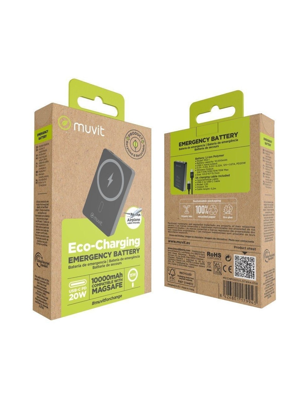 Powerbank 10000mAh Muvit For Change MCCHP0010/ 20W/ Wireless/ Negra/ Incluye Cable USB Tipo-C
