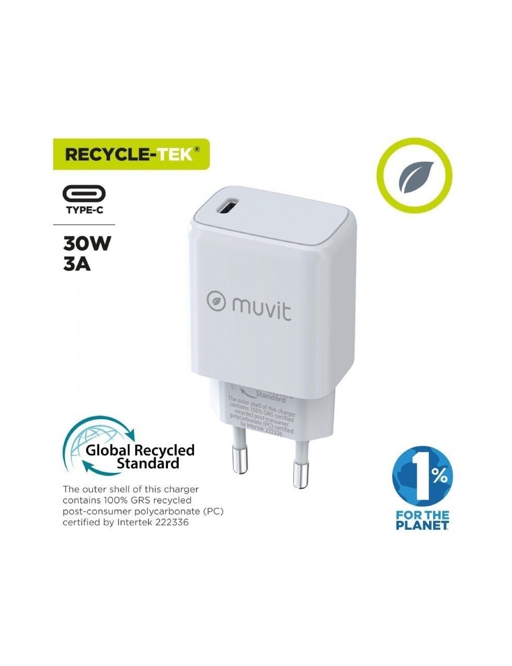 Cargador de Pared Muvit For Change MCACC0014/ 1xUSB Tipo-C/ 30W