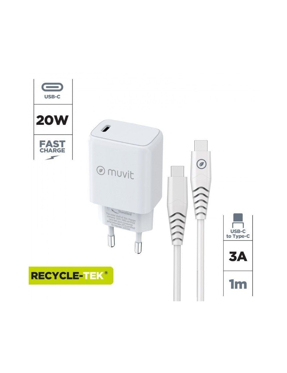 Cargador de Pared Muvit For Change MCPAK0044/ 1xUSB Tipo-C + Cable USB Tipo-C/ 20W