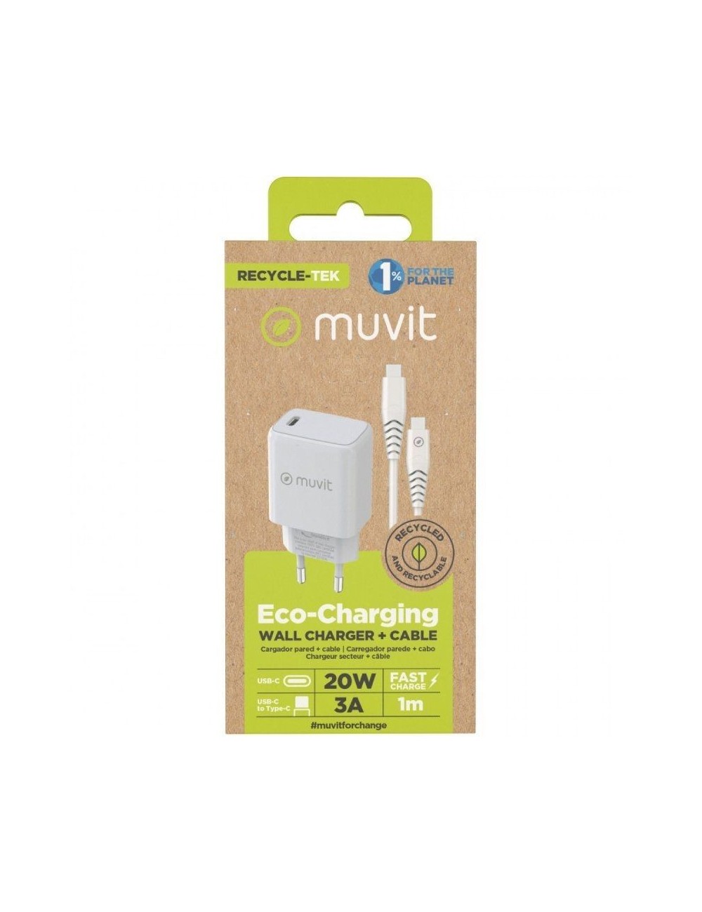 Cargador de Pared Muvit For Change MCPAK0044/ 1xUSB Tipo-C + Cable USB Tipo-C/ 20W