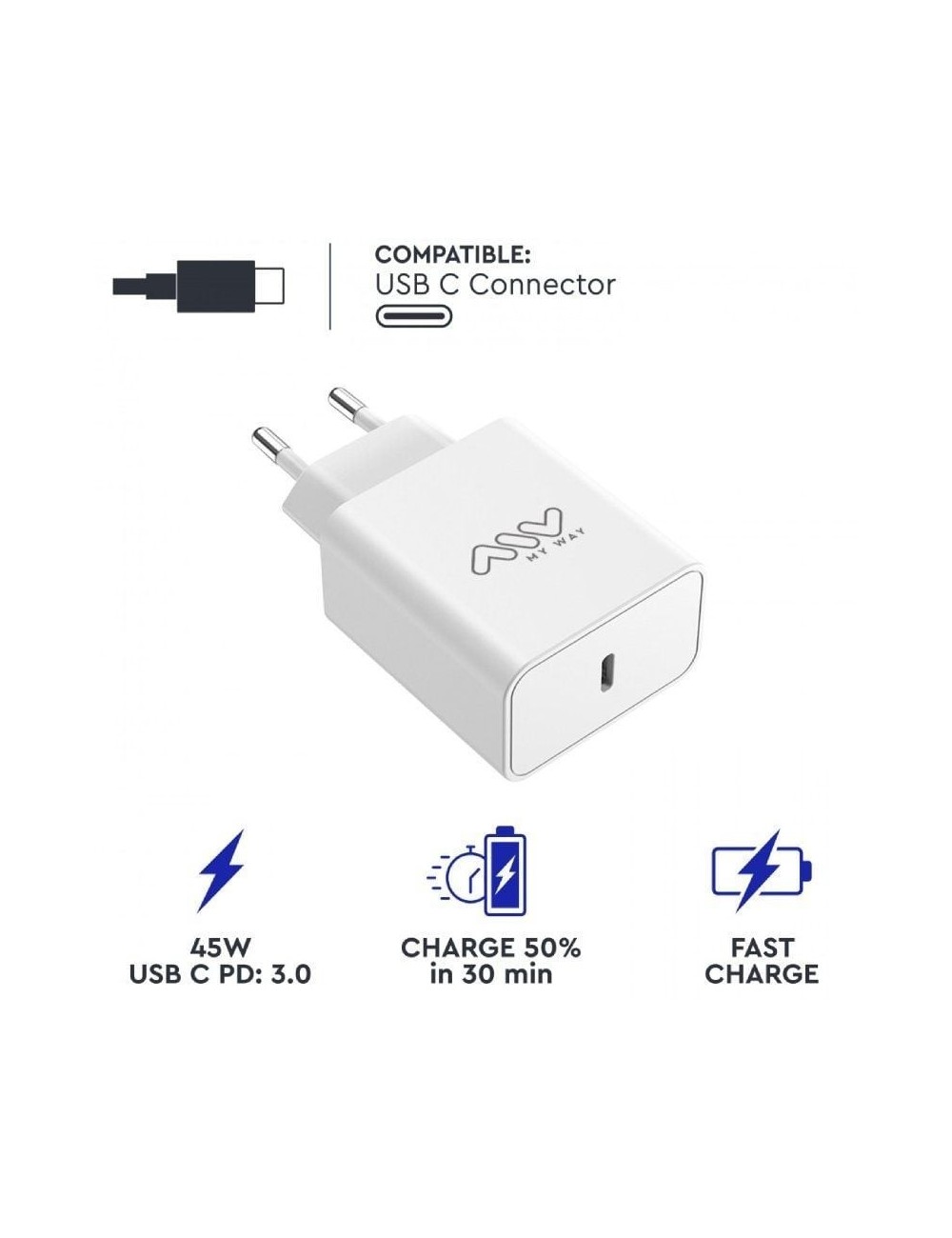 Cargador de Pared Myway MWACC0018/ 1xUSB Tipo-C/ 45W