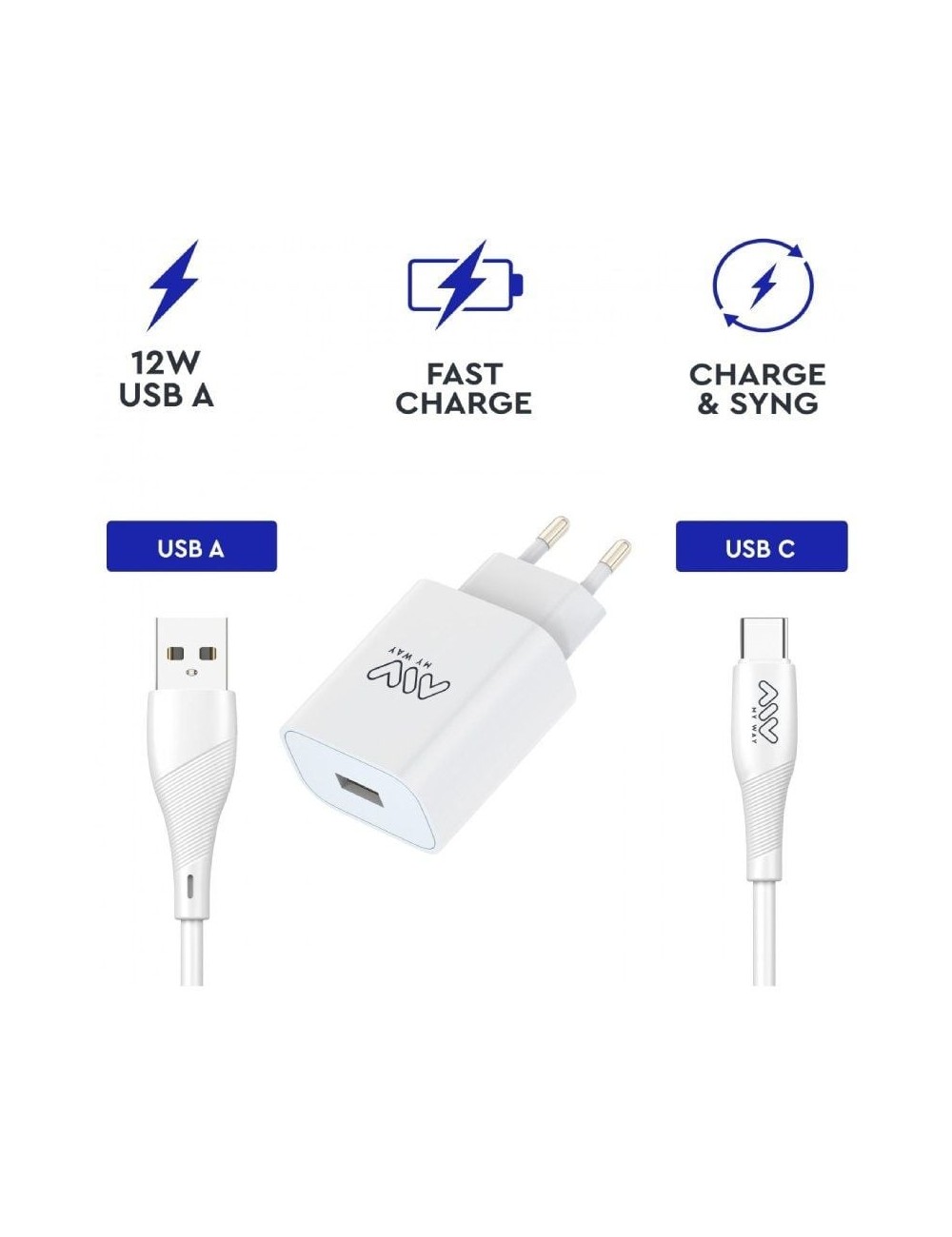 Cargador de Pared Myway MYWEPAK0002/ 1xUSB + Cable USB Tipo-C/ 15W