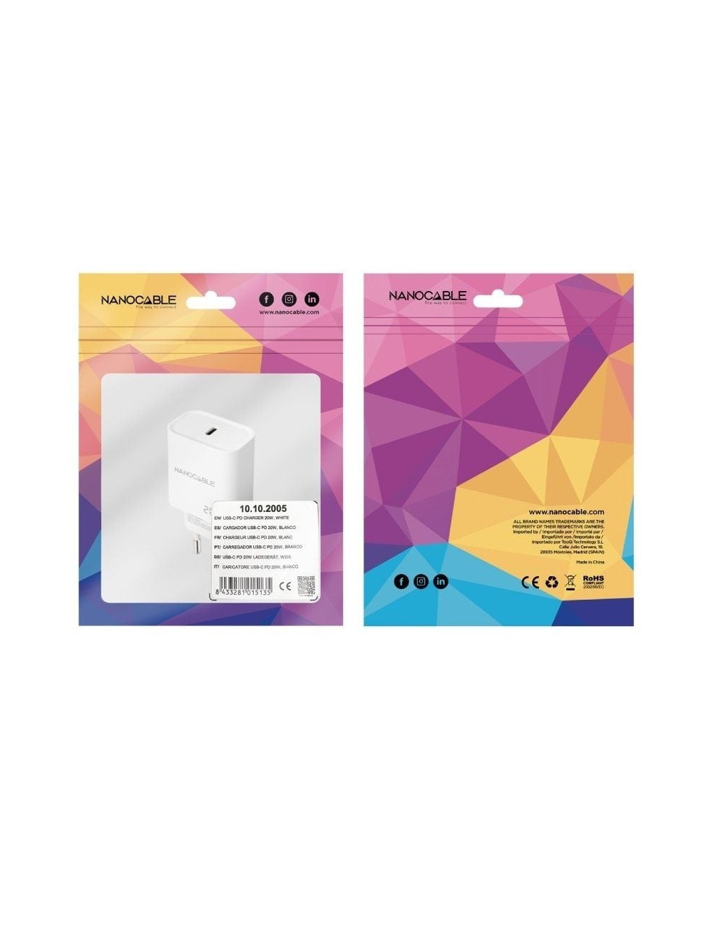 Cargador de Pared Nanocable 10.10.2005/ 1xUSB Tipo-C/ 20W/ Blanco
