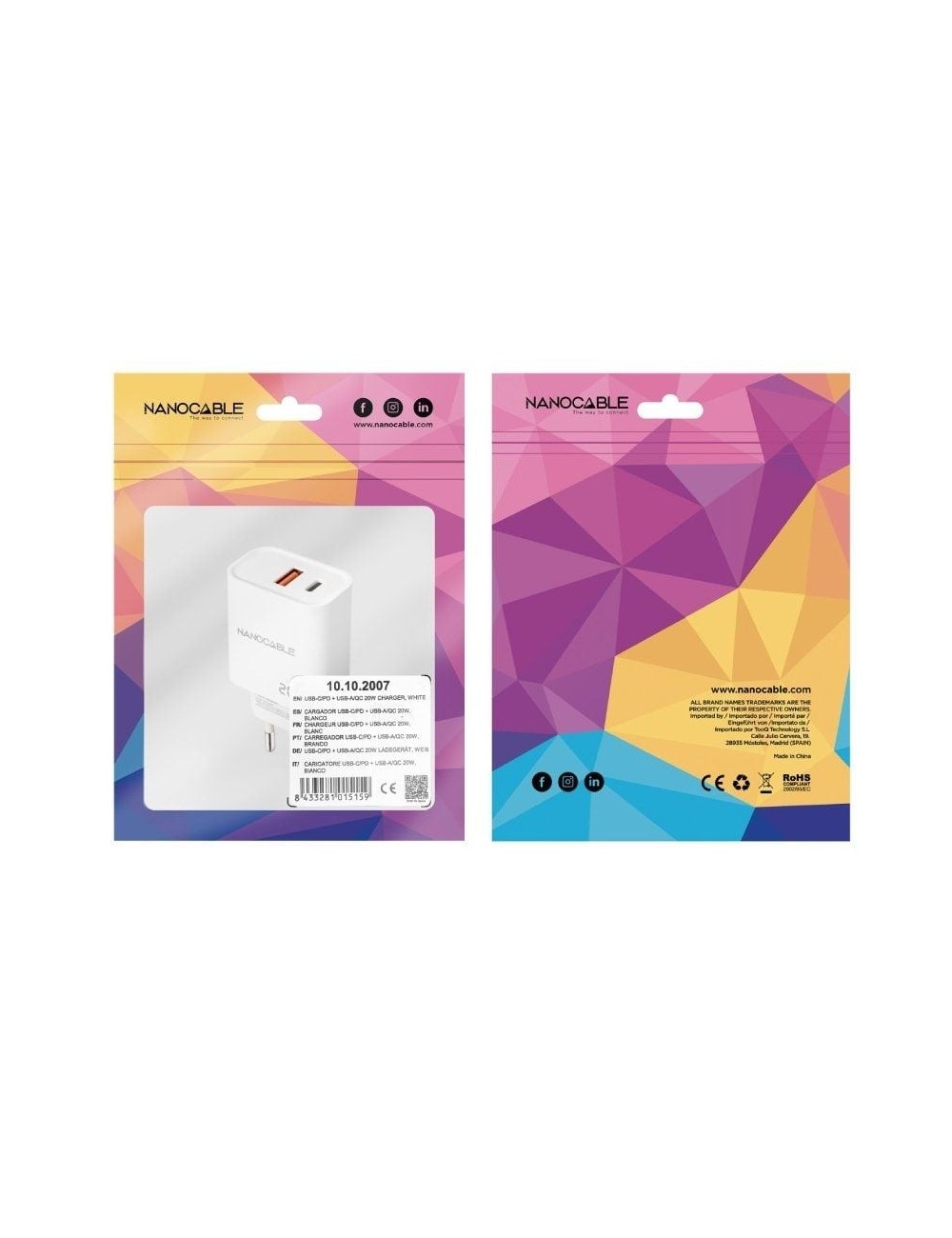 Cargador de Pared Nanocable 10.10.2007/ 1xUSB/ 1xUSB Tipo-C/ 20W/ Blanco