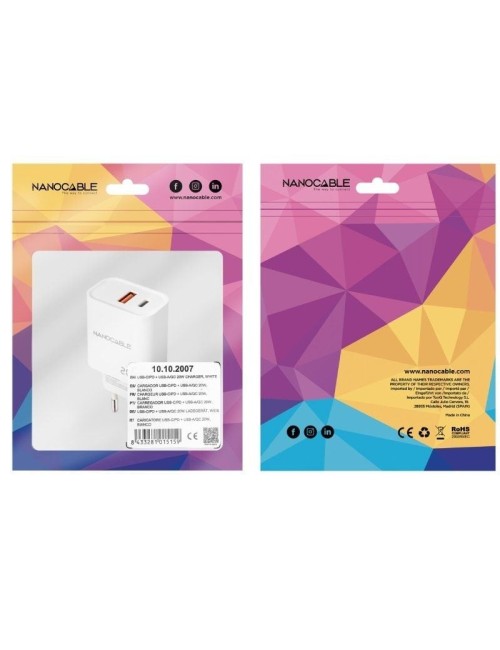Cargador de Pared Nanocable 10.10.2007/ 1xUSB/ 1xUSB Tipo-C/ 20W/ Blanco