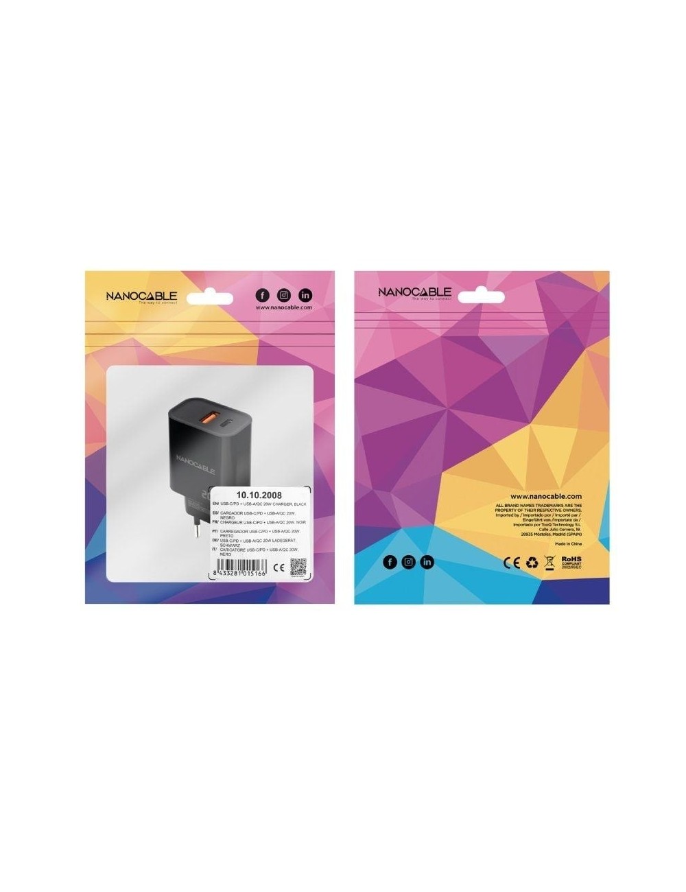 Cargador de Pared Nanocable 10.10.2008/ 1xUSB/ 1xUSB Tipo-C/ 20W/ Negro