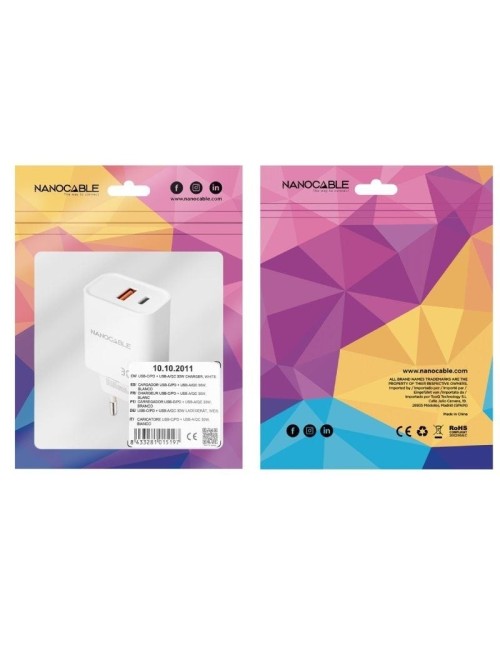 Cargador de Pared Nanocable 10.10.2011/ 1xUSB/ 1xUSB Tipo-C/ 30W/ Blanco