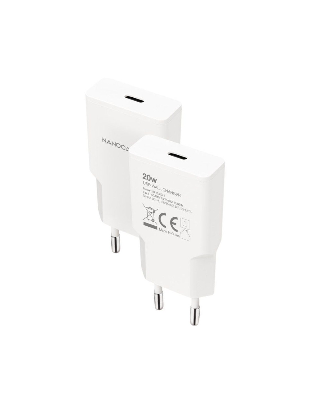 Cargador de Pared Nanocable 10.10.2021/ 1xUSB Tipo-C/ 20W/ Blanco