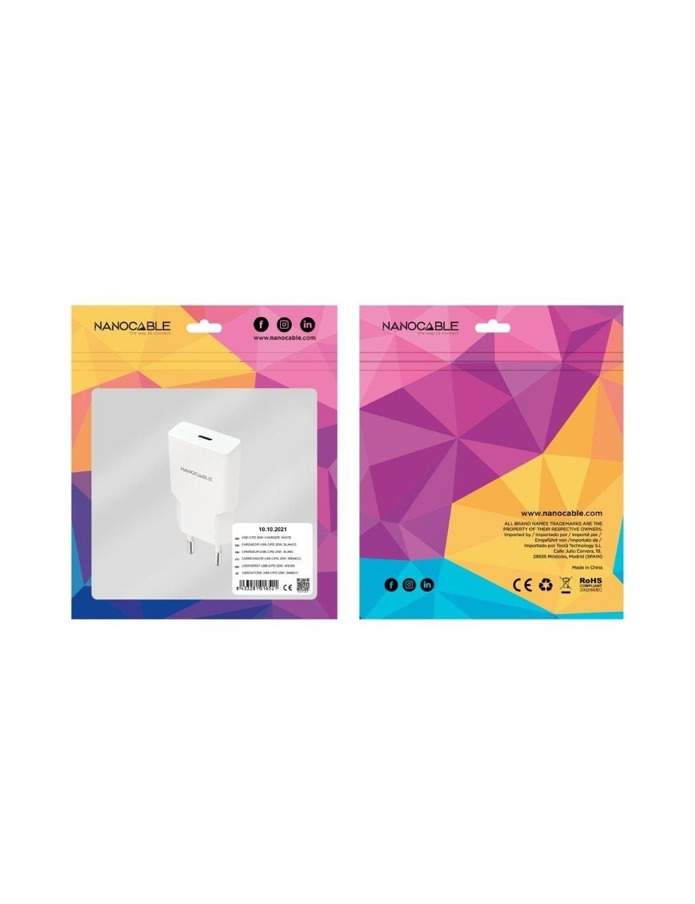 Cargador de Pared Nanocable 10.10.2021/ 1xUSB Tipo-C/ 20W/ Blanco