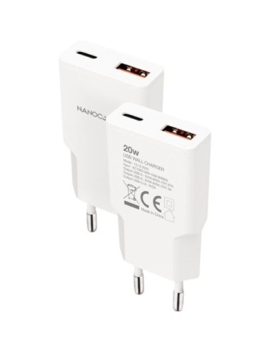 Cargador de Pared Nanocable 10.10.2022/ 1xUSB Tipo-C/ 1xUSB/ 20W/ Blanco