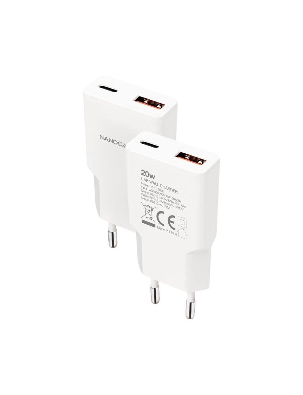 Cargador de Pared Nanocable 10.10.2022/ 1xUSB Tipo-C/ 1xUSB/ 20W/ Blanco