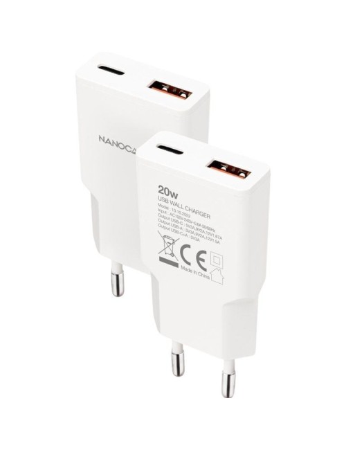 Cargador de Pared Nanocable 10.10.2022/ 1xUSB Tipo-C/ 1xUSB/ 20W/ Blanco