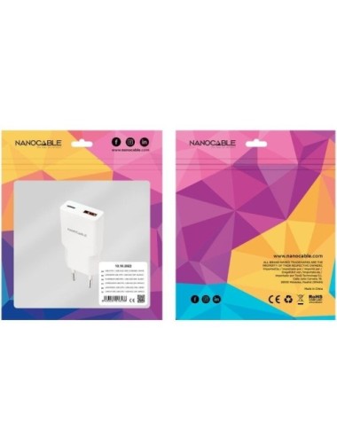 Cargador de Pared Nanocable 10.10.2022/ 1xUSB Tipo-C/ 1xUSB/ 20W/ Blanco