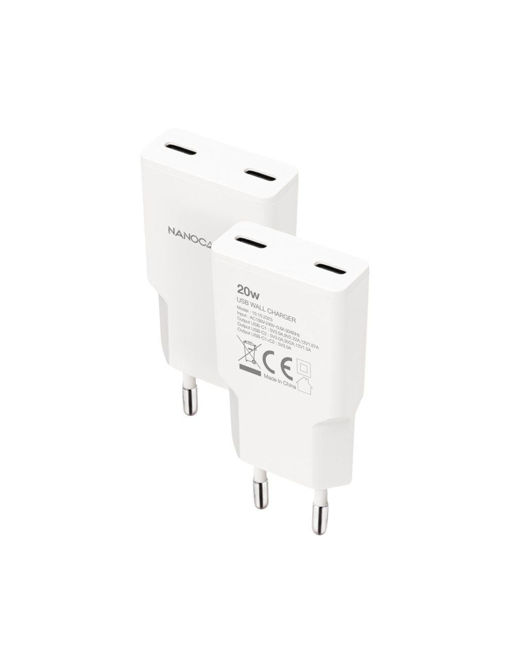 Cargador de Pared Nanocable 10.10.2023/ 2xUSB Tipo-C/ 20W/ Blanco