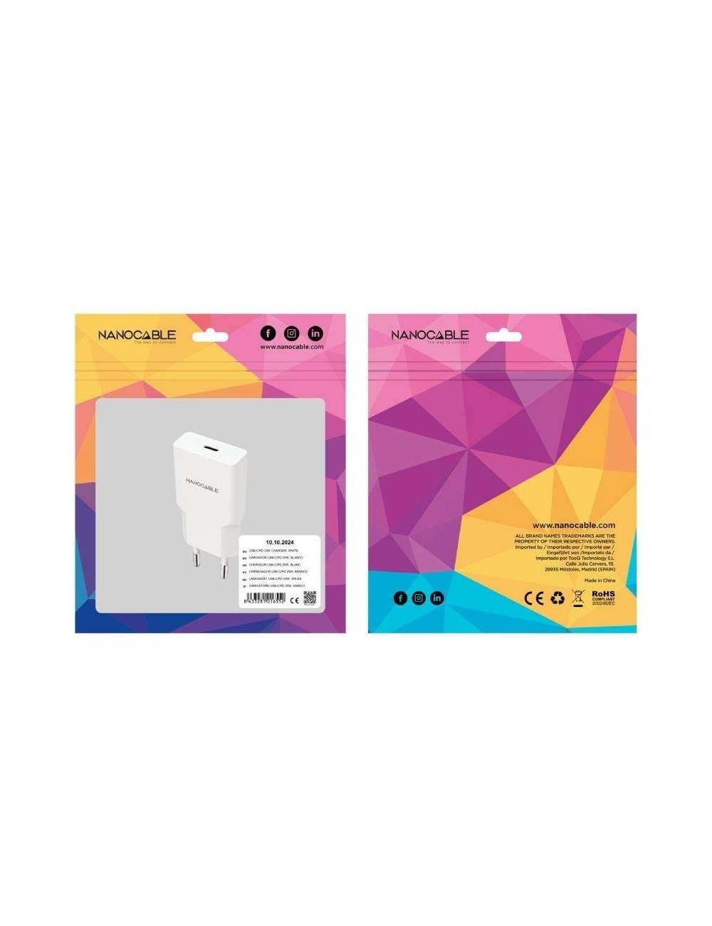 Cargador de Pared Nanocable 10.10.2024/ 1xUSB Tipo-C/ 25W/ Blanco