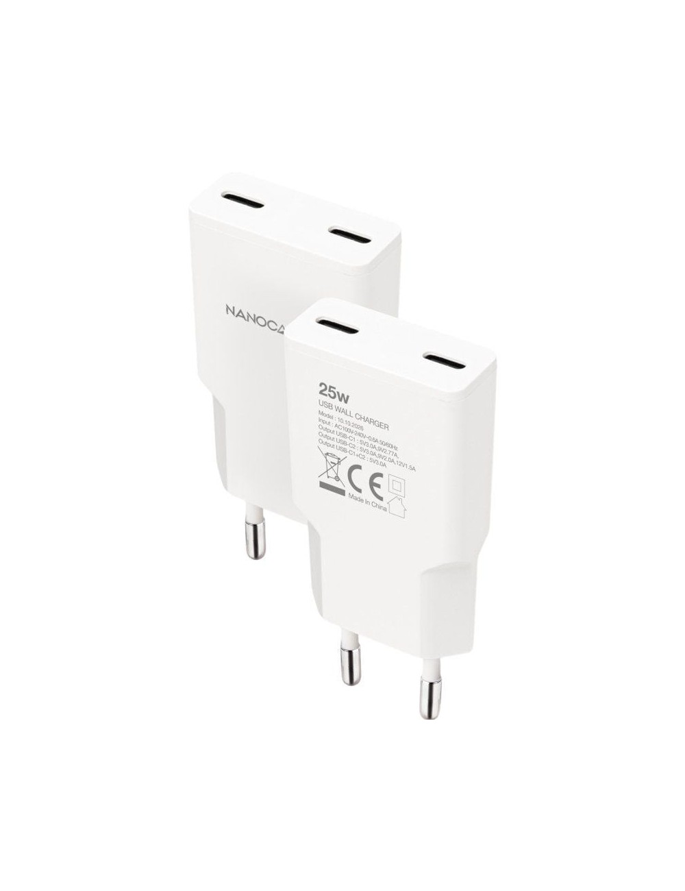 Cargador de Pared Nanocable 10.10.2026/ 2xUSB Tipo-C/ 25W/ Blanco