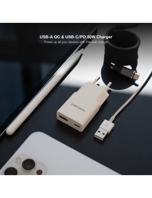 Cargador de Pared Nanocable 10.10.2028/ 1xUSB Tipo-C/ 1xUSB Macho/ 30W/ Blanco