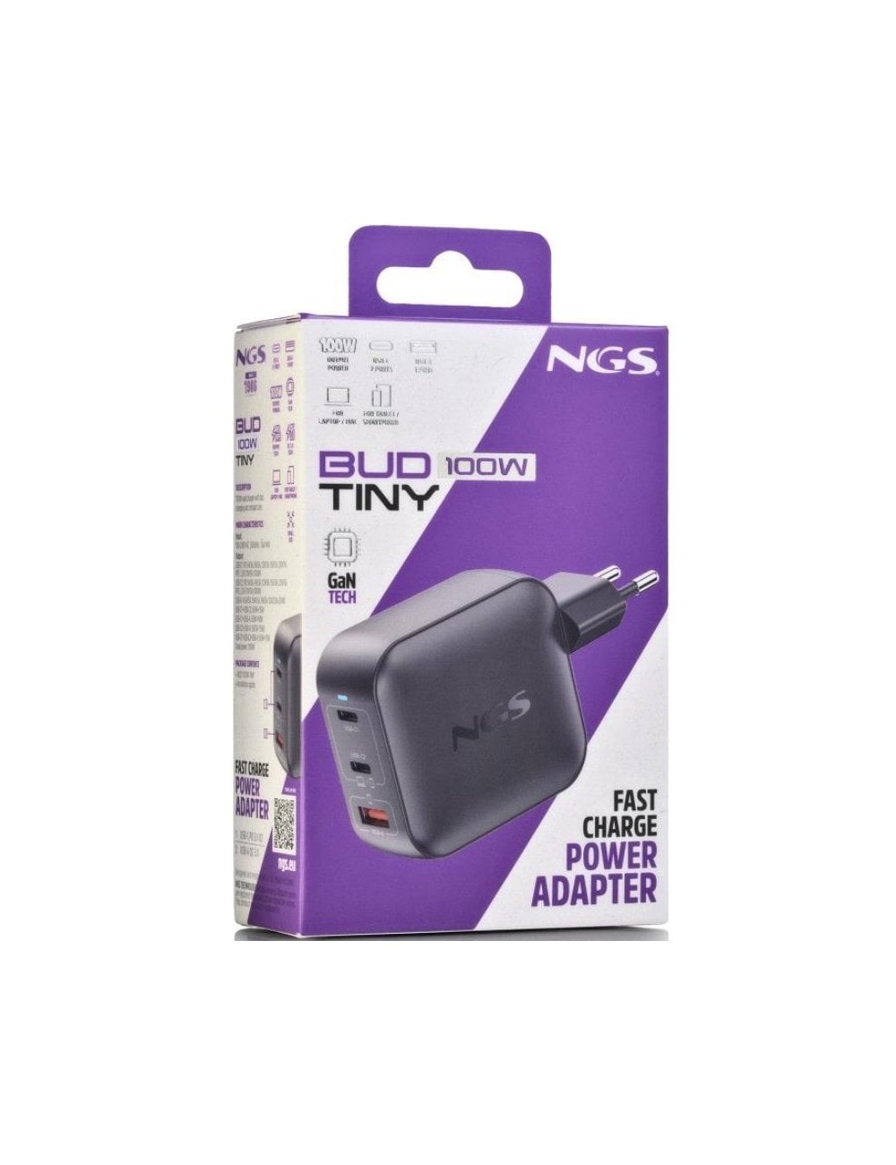 Cargador de Pared GaN NGS BUD100WTINY 100W/ 2xUSB Tipo-C/ 1xUSB/ 100W