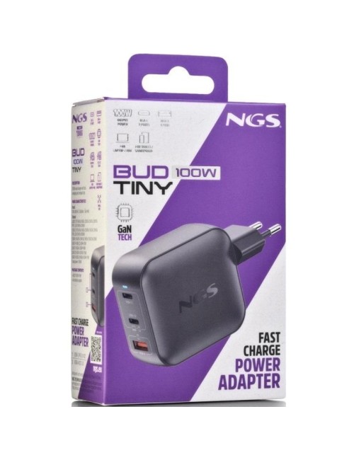 Cargador de Pared GaN NGS BUD100WTINY 100W/ 2xUSB Tipo-C/ 1xUSB/ 100W