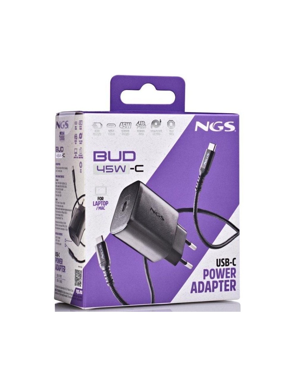 Cargador de Pared GaN NGS Bud 45W/ 1xUSB Tipo-C/ 45W