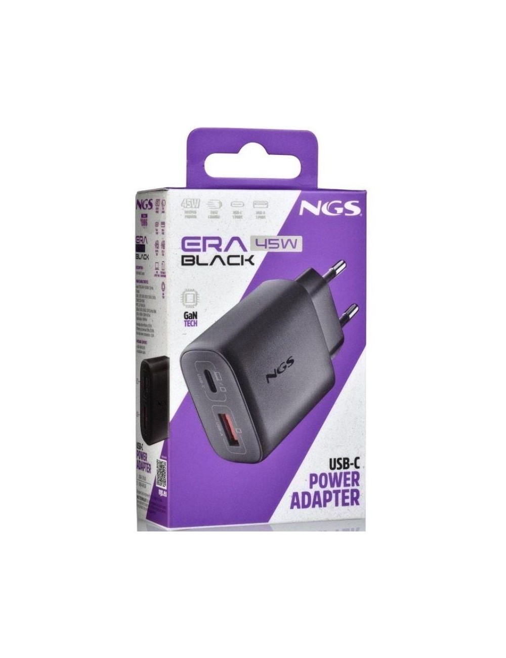 Cargador de Pared GaN NGS Era 45W/ 1xUSB Tipo-C/ 1xUSB/ 45W