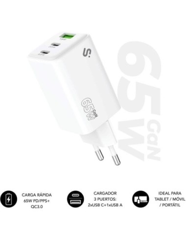 Cargador de Pared GaN Subblim 65W Charger USB C+C+A/ 2xUSB Tipo-C/ 1xUSB/ 65W