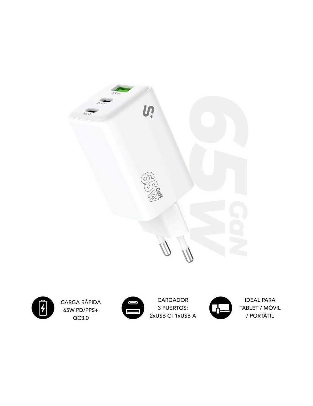 Cargador de Pared GaN Subblim 65W Charger USB C+C+A/ 2xUSB Tipo-C/ 1xUSB/ 65W