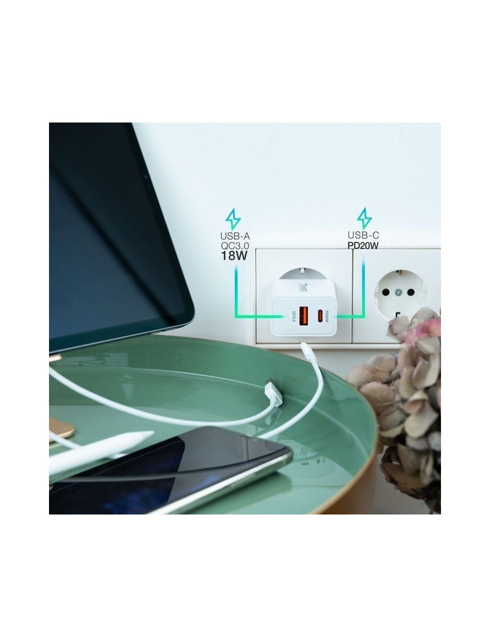 Cargador de Pared TooQ TQWC-2SC04WT/ 1xUSB Tipo-C/ 1xUSB/ 20W
