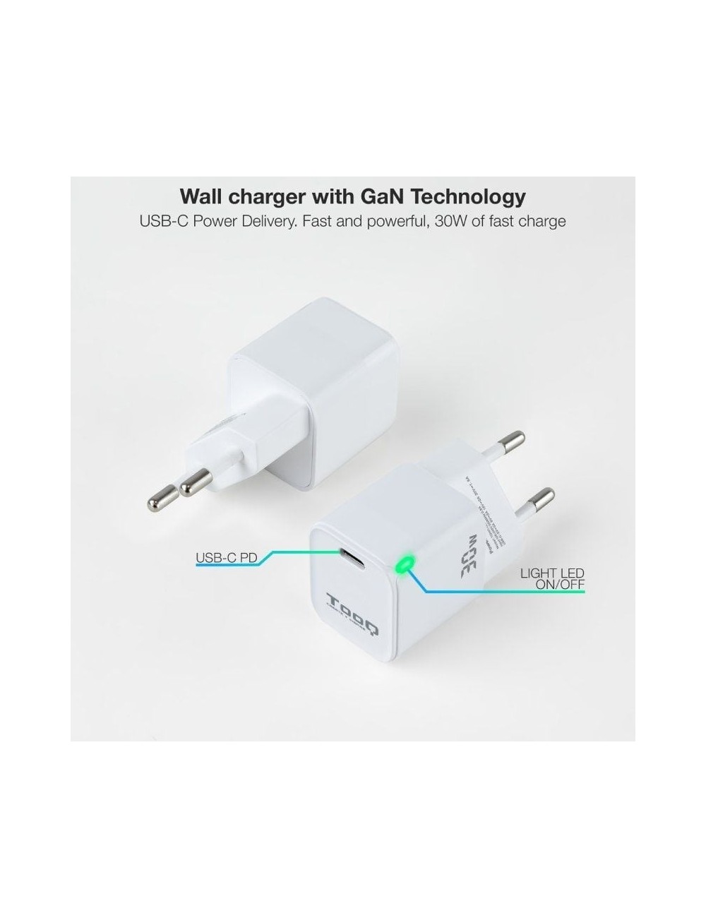 Cargador de Pared GaN TooQ TQWC-GANPD30WT/ 1xUSB Tipo-C/ 30W