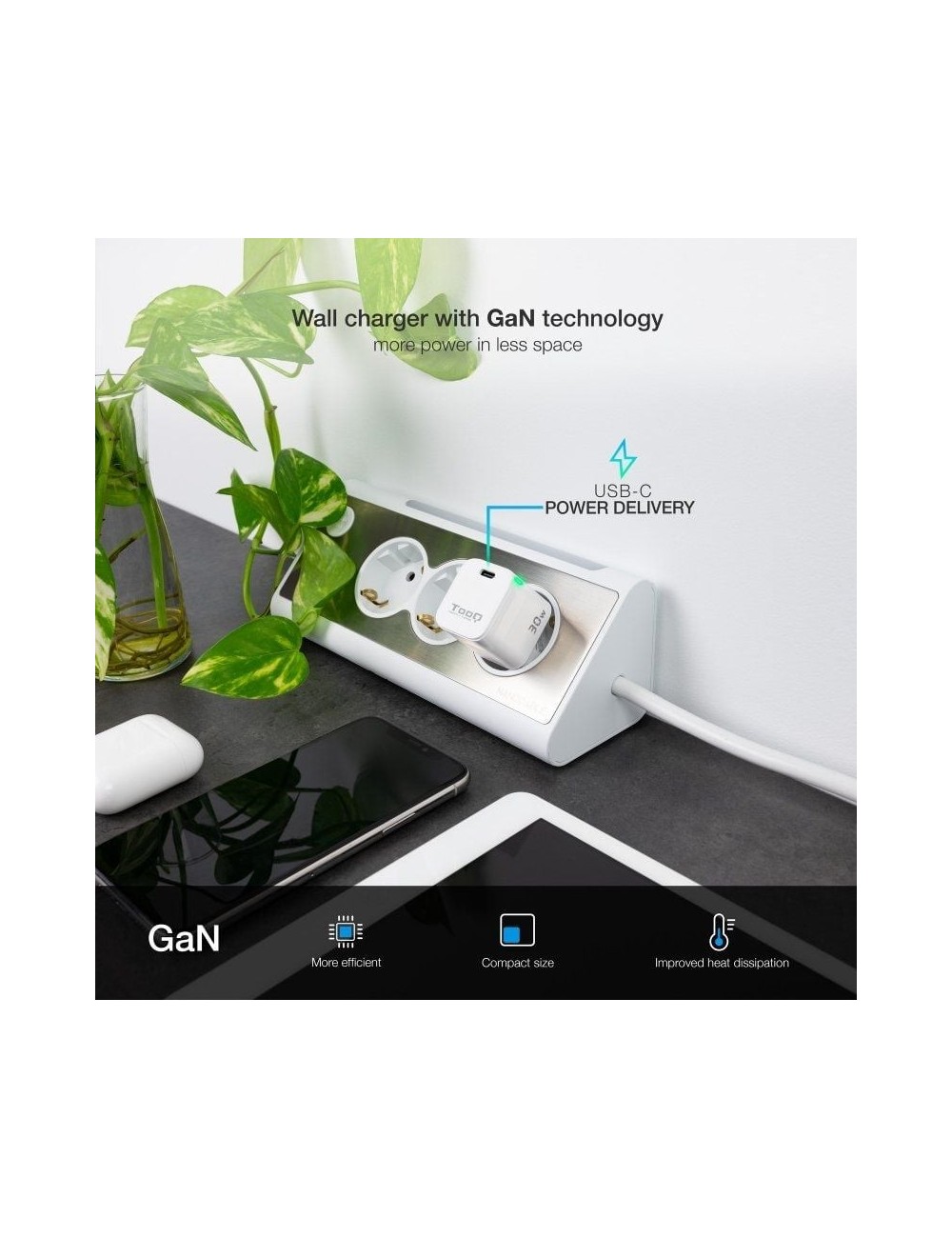 Cargador de Pared GaN TooQ TQWC-GANPD30WT/ 1xUSB Tipo-C/ 30W