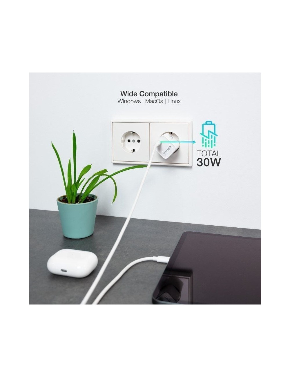 Cargador de Pared GaN TooQ TQWC-GANPD30WT/ 1xUSB Tipo-C/ 30W