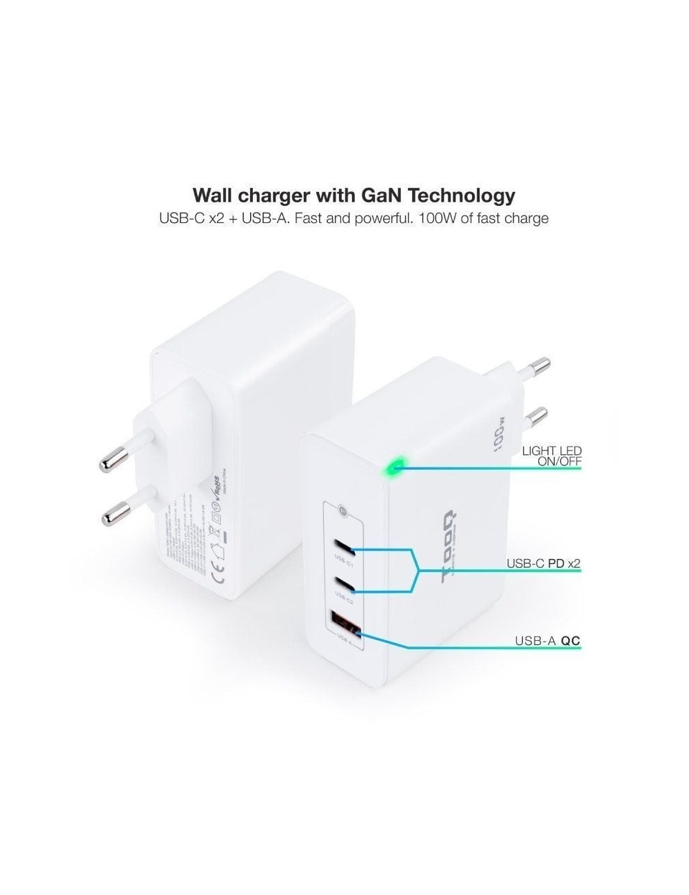 Cargador de Pared GaN TooQ TQWC-GANQC2PD100W/ 2xUSB Tipo-C/ 1xUSB/ 100W