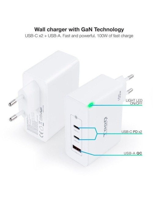 Cargador de Pared GaN TooQ TQWC-GANQC2PD100W/ 2xUSB Tipo-C/ 1xUSB/ 100W