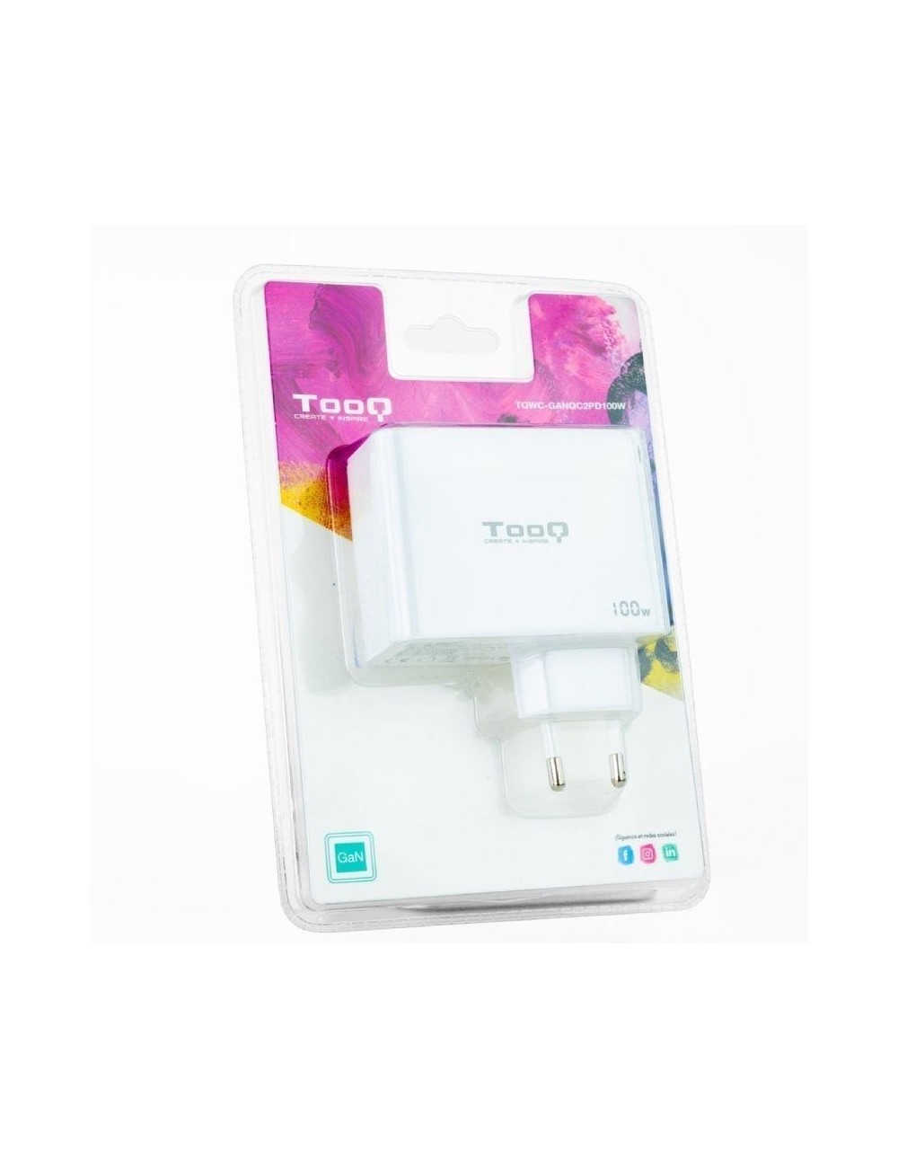 Cargador de Pared GaN TooQ TQWC-GANQC2PD100W/ 2xUSB Tipo-C/ 1xUSB/ 100W