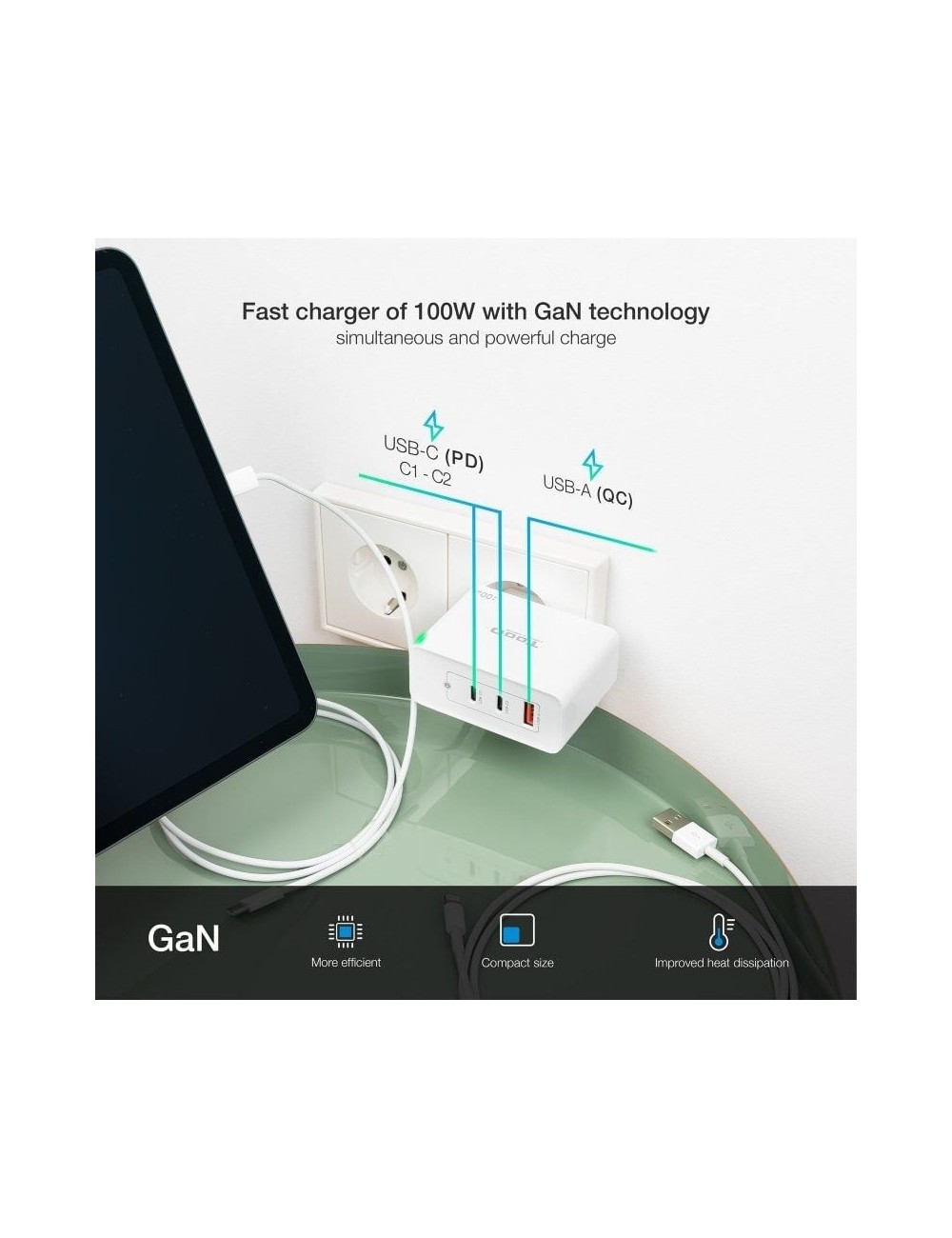 Cargador de Pared GaN TooQ TQWC-GANQC2PD100W/ 2xUSB Tipo-C/ 1xUSB/ 100W