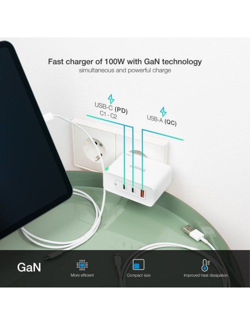 Cargador de Pared GaN TooQ TQWC-GANQC2PD100W/ 2xUSB Tipo-C/ 1xUSB/ 100W
