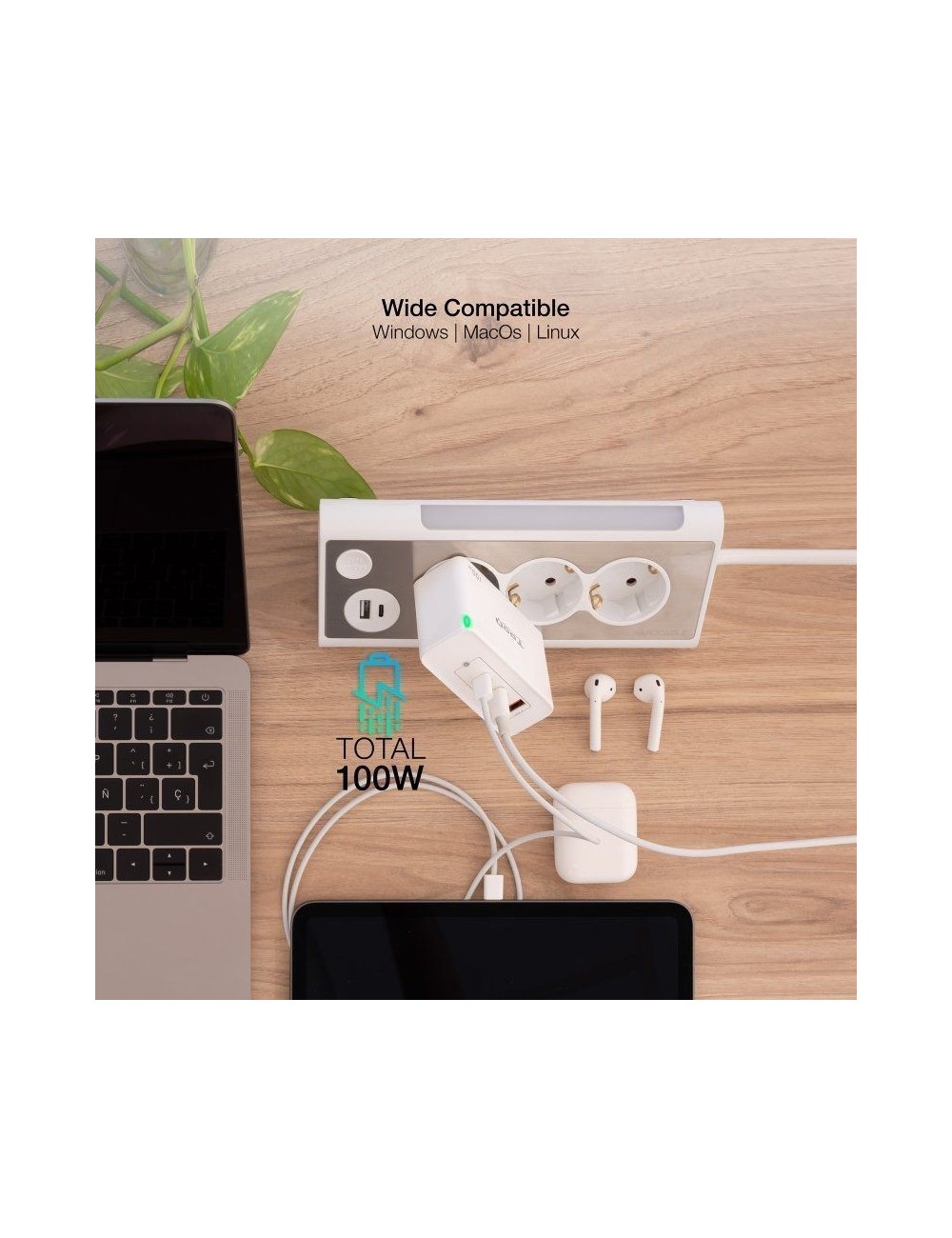 Cargador de Pared GaN TooQ TQWC-GANQC2PD100W/ 2xUSB Tipo-C/ 1xUSB/ 100W